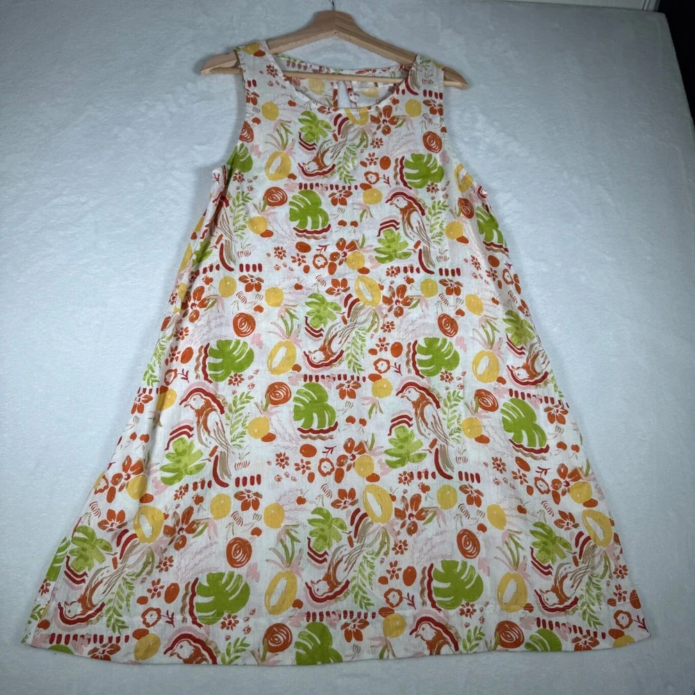 C&C California Linen Tropical Floral Bird Shift Dress Womens L | Resort - Picture 2 of 8
